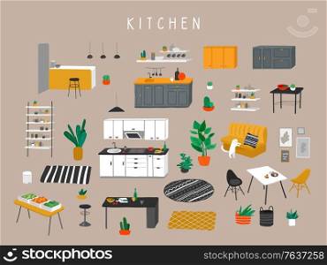 Set for kitchen or dining room with stylish comfy furniture and modern home decorations in trendy Scandinavian or hygge style. Cozy Interior furnished home plants. Flat cartoon vector illustration. Set for kitchen or dining room with stylish comfy furniture and modern home decorations in trendy Scandinavian or hygge style. Cozy Interior furnished home plants. Flat cartoon vector