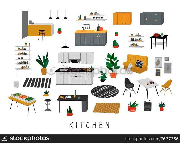 Set for kitchen or dining room with stylish comfy furniture and modern home decorations in trendy Scandinavian or hygge style. Cozy Interior furnished home plants. Flat cartoon vector illustration. Set for kitchen or dining room with stylish comfy furniture and modern home decorations in trendy Scandinavian or hygge style. Cozy Interior furnished home plants. Flat cartoon vector