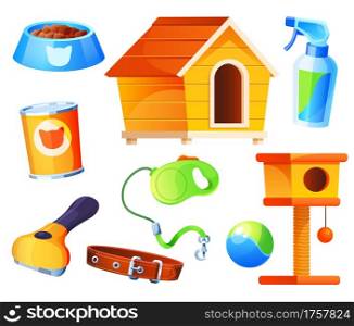 Set for pet shop comb, bowl and leash, collar and food for domestic animals. Store accessories, cat and dog houses, toys, petshop supermarket items isolated on white background Cartoon vector icons. Set for pet shop, supermarket items, vector icons