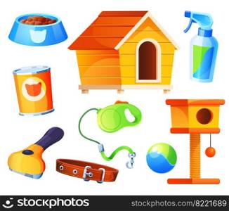 Set for pet shop comb, bowl and leash, collar and food for domestic animals. Store accessories, cat and dog houses, toys, petshop supermarket items isolated on white background Cartoon vector icons. Set for pet shop, supermarket items, vector icons
