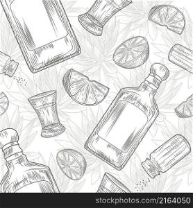 Set for tequila seamless pattern. Shot glass and bottle tequila, salt, lime and agave. Engraving vintage style. Vector illustration.. Set for tequila seamless pattern. Shot glass and bottle tequila, salt, lime and agave.