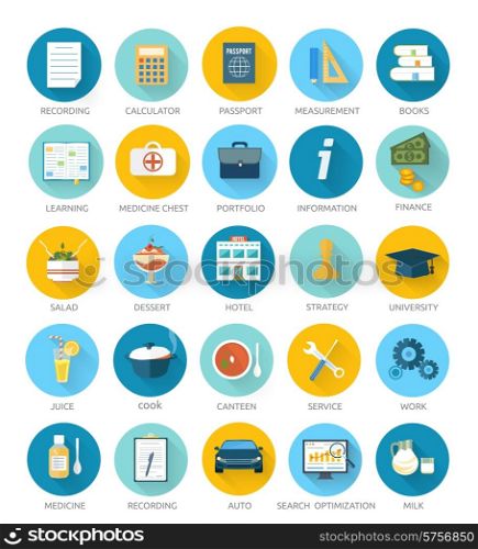 Set for web and mobile applications of office work different item icons in flat design style