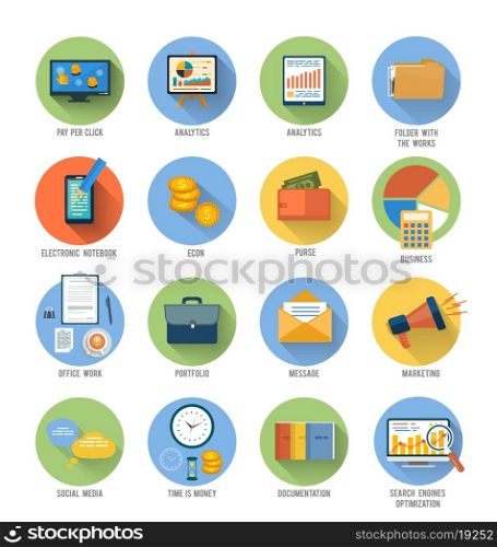 Set for web and mobile applications of office work, social media, seo search optimization, pay per click, analysis of documents, purse, time is money, marketing concepts items icons in flat design