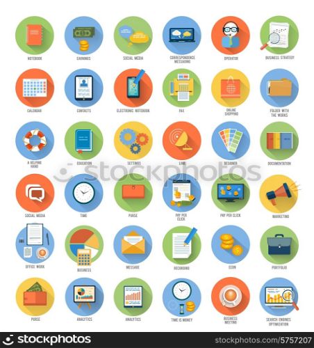 Set for web and mobile applications of office work, social media, seo search optimization, pay per click, analysis of documents, purse, time is money, support, designer, marketing concepts items icons in flat design