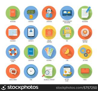 Set for web and mobile applications of office work, social media, seo search optimization, pay per click, analysis of documents, purse, time is money, support, designer, marketing concepts items icons in flat design
