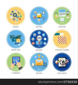 Set for web and mobile applications of office work, social media, support, services, message, education, online shop, e-comerce and stratesic planning of marketing concepts items icons in flat design