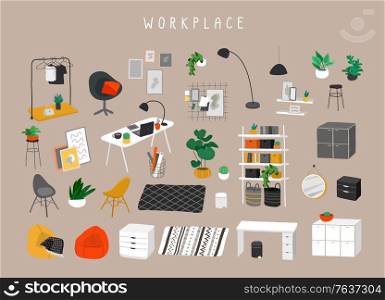 Set for workplace or home office with stylish comfy furniture and modern home decorations in trendy Scandinavian or hygge style. Cozy Interior furnished home plants. Flat cartoon vector illustration. Set for workplace or home office with stylish comfy furniture and modern home decorations in trendy Scandinavian or hygge style. Cozy Interior furnished home plants. Flat cartoon vector