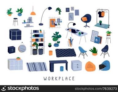 Set for workplace or home office with stylish comfy furniture and modern home decorations in trendy Scandinavian or hygge style. Cozy Interior furnished home plants. Flat cartoon vector illustration. Set for workplace or home office with stylish comfy furniture and modern home decorations in trendy Scandinavian or hygge style. Cozy Interior furnished home plants. Flat cartoon vector
