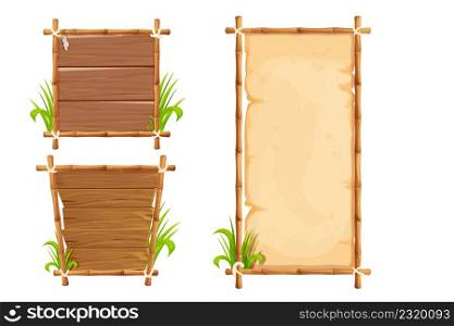 Set Frames from bamboo sticks, wooden planks, parchment paper decorated with rope, grass and liana in comic cartoon style isolated on white background. Border, jungle panel. Game asset, menu. Vector illustration