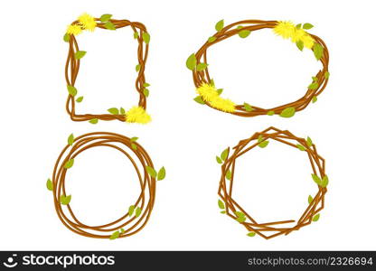 Set frames from wood branch with leaves, dandelion, spring garland from sticks, cute decoration in cartoon style isolated on white background. . Vector illustration