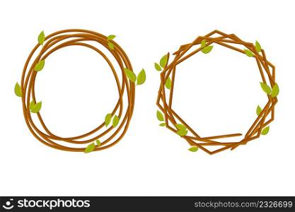 Set frames from wood branch with leaves, spring garland from sticks, cute decoration in cartoon style isolated on white background. . Vector illustration