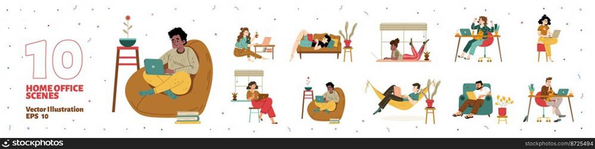 Set freelancers work at home office, relaxed characters working remotely on laptops at comfortable domestic environment. Outsourced freelance self-employed employees Line art flat vector illustration. Set freelancers work at home office illustration