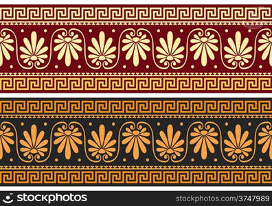 set frieze with vintage golden and blue Greek ornament (Meander) and floral pattern on a red and black background