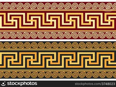 set frieze with vintage golden and blue Greek ornament (Meander) and floral pattern on a red and black background