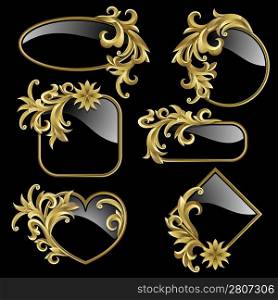 Set from gold frames with gold plants on the black background