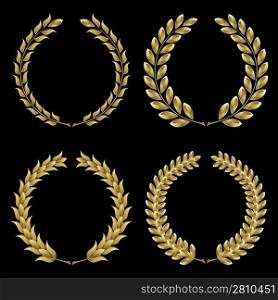 Set from gold laurel wreath on the black background