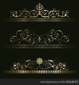 Set from gold retro frames on the black floral background