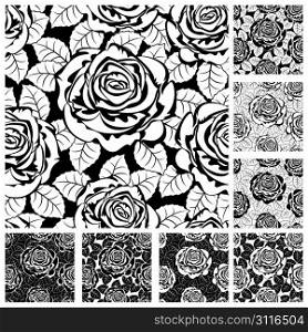 Set from seamless from roses and leaves. Black and white(can be repeated and scaled in any size)