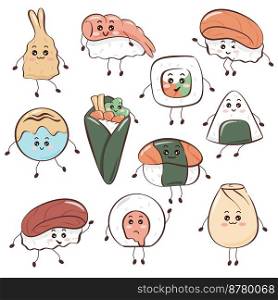 Set funny kawaii asian food. Dango, tempura, Manju, onigiri,dim sum characters. Cute cartoon snack vector illustration. Set funny kawaii asian food