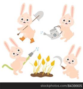 Set funny rabbits. Cute characters farmers - bunny waters from garden watering can and from hose, harvests grain spikelets with sickle and goes with shovel. Vector illustration. Isolated elements