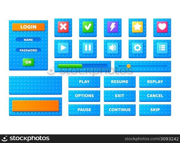 Set game menu elements block toy texture. Cartoon buttons, options, progress bars ui design interface. User setting panel boards with slider, stop, pause and arrows, flash or star keys, Vector icons. Set game menu elements block toy texture interface
