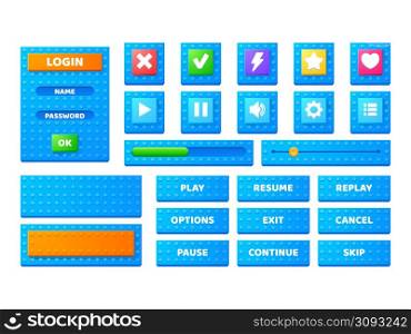 Set game menu elements block toy texture. Cartoon buttons, options, progress bars ui design interface. User setting panel boards with slider, stop, pause and arrows, flash or star keys, Vector icons. Set game menu elements block toy texture interface
