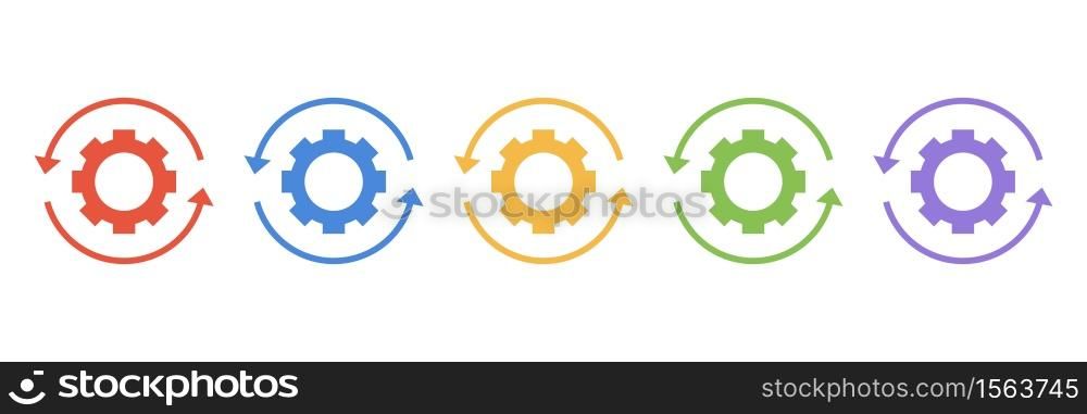Set gears with arrows in a circle icon isolated on white background. Gearwheel Rotation Direction vector icon. Vector flat illustration.. Set gears with arrows in a circle icon isolated on white background. Gearwheel Rotation Direction vector icon.