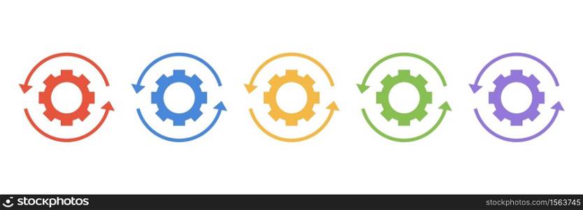 Set gears with arrows in a circle icon isolated on white background. Gearwheel Rotation Direction vector icon. Vector flat illustration.. Set gears with arrows in a circle icon isolated on white background. Gearwheel Rotation Direction vector icon.