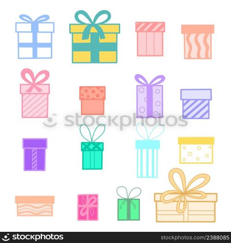 Set gift boxes doodle style vector illustration. Gifts different sizes and colors collection. Surprise icons isolated object. Set gift boxes doodle style vector illustration