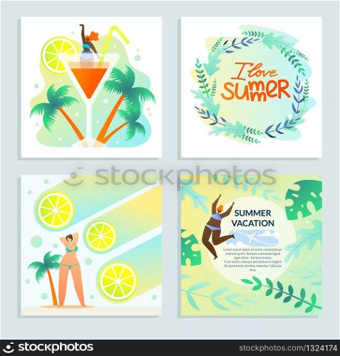 Set Girl and Citrus I Love Summer, Best Vacation. Girl in Bathing Suit Takes Sliny Baths on Background Palm Trees and Citrus. Bright Memorable Stay Exotic Resort. Summer Fresh Drinks.