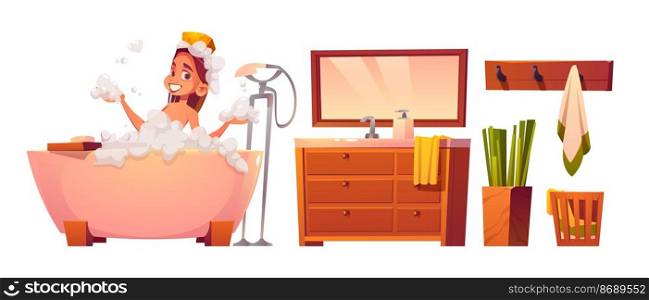 Set girl washing body sitting in foamy bath tub with bubbles. Bathroom furniture sink, mirror, hanger with towel, potted plant and basket for linen. Woman relax in bathtub, Cartoon vector illustration. Set girl washing body sitting in foamy bath tub