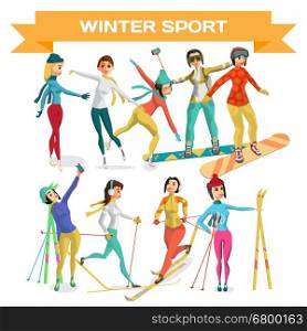 Set girl winter sport. Cartoon women training. Flat vector illustration isolated on white background