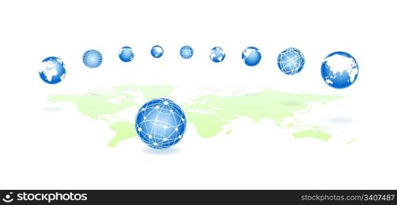 Set global spheres on a map. Vector globes and spheres on a map. EPS 10