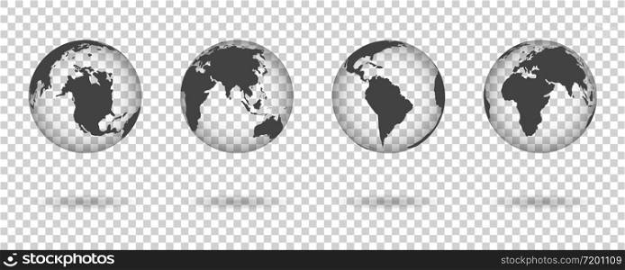 Set globes on transparent. World in map. 3d Earth and globus. Uk, africa, usa, europe, america, asia in sphere. Silhouette of planet. Black continents on rounds. Globes for travel, cartography. Vector. Set globes on transparent. World in map. 3d Earth, globus. Uk, africa, usa, europe, america, asia in sphere. Silhouette of planet. Black continents on rounds. Globes for travel, cartography. Vector.
