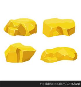 Set gold nugget, mineral boulder in cartoon style isolated on white background. Shiny object, ui asset, mine element, ore. Vector illustration