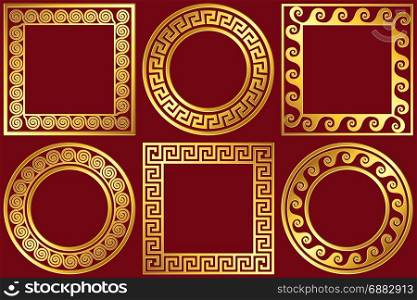 Set golden frames with Greek Meander pattern. Set golden round and square frames with traditional vintage Greek Meander pattern on red background for design template.