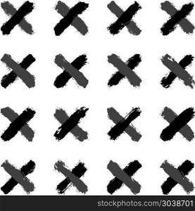 Set gray cross brushstroke paint. Use it in all your designs. Set of sixteen brushstrokes crosswise grayscale paint created in sketch drawing handmade technique. Quick and easy recolorable vector illustration graphic element