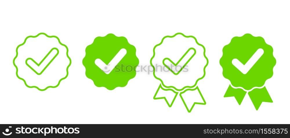 Set green approval check marks vector icon. Approved stamp or medal. Certificate symbol for your web site design.. Set green approval check marks vector icon. Approved stamp or medal.