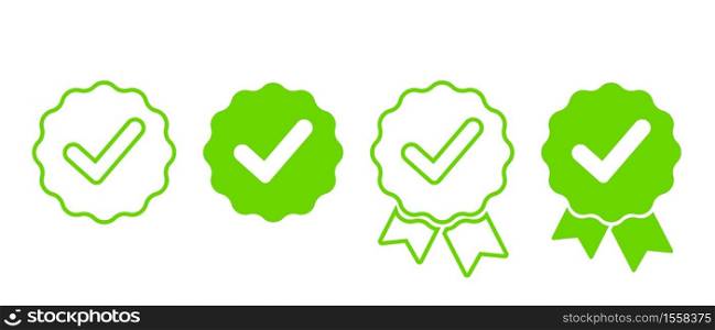 Set green approval check marks vector icon. Approved stamp or medal. Certificate symbol for your web site design.. Set green approval check marks vector icon. Approved stamp or medal.