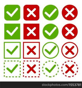 Set green check marks and red crosses of simple web buttons. Large collection of flat buttons.. Set green check marks and red crosses of simple web buttons.