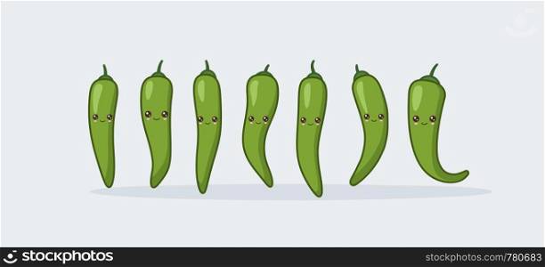 Set green chilli pepper. Cute kawaii smiling food. Vector illustration