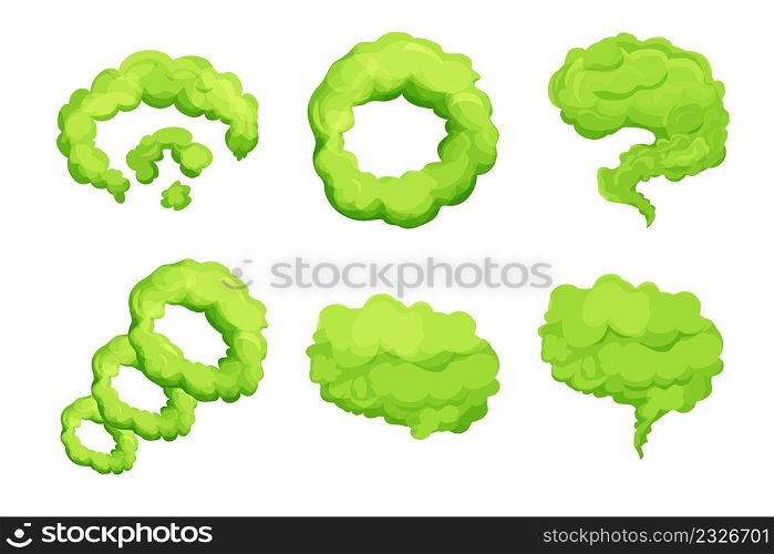 Set green smell steam, toxic stink smoke, dust cloud or fart in comic cartoon style isolated on white background. Collection Bad aroma scent. Vector illustration