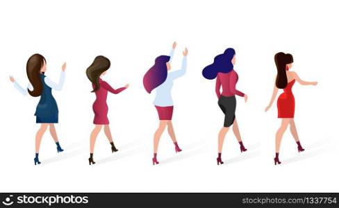 Set Group Women go Shopping Vector Illustration. Beautiful Women Model are Dressed Casual Clothes. Joint Purchases Convenient Application for Cost Savings. People Posing for Portrait.