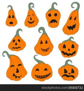Set halloween pumpkins on white background. Characters for happy halloween holiday. Orange vegetables faces collection vector illustration. Set halloween pumpkins on white background