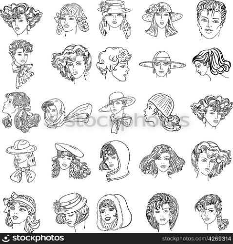 Set hand-drawn fashion model. Vector illustration. Woman&acute;s and men face