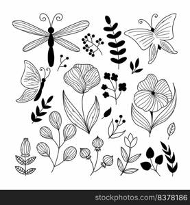 Set  hand drawn floral elements. Butterfly and dragonfly in doodle style. Collection of botanical icons. Vector illustration. Postcard design.