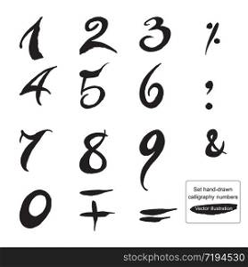 Set hand-drawn ink calligraphy numbers and symbols. Trace. Isolated on white. Black and white. Vector illustration. Best for your design, prints, textiles, tattoos. Set hand-drawn ink calligraphy numbers and symbols.
