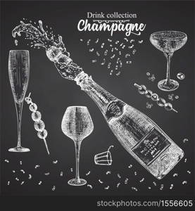 Set hand drawn sketch bottle and glasses champagne on black chalckboard, Vintage design bar, restaurant, cafe menu on white background. Graphic vector art Creative template for flyer, banner, poster. Set hand drawn sketch bottle and glasses champagne, on black chalckboard Vintage design bar, restaurant, cafe menu on white background. Graphic vector art Creative template for flyer, banner, poster