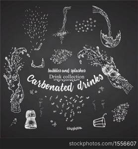 Set hand drawn sketch bursts, bubbles, foam carbonated drinks, champagne bottles exploding, textures and backgrounds, Graphic vector art Creative template for flyer, banner, poster Engraving style. Set hand drawn sketch bursts, bubbles, foam carbonated drinks, champagne bottles exploding, textures and backgrounds, Graphic vector art