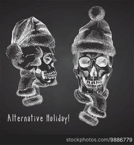 Set Hand drawn sketch human skull with santa hat and fur scarf. Chalk graphic Engraving art isolated on chalkboard background. Alternative Christmas and New Year vintage style. Vector illustration. Set Hand drawn sketch human skull with santa hat and fur scarf. Chalk graphic Engraving art isolated on chalkboard background. Alternative Christmas and New Year vintage style. Vector